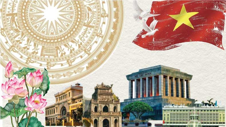 Hình tổng hợp trống đồng Đông Sơn, hoa sen, Quốc kỳ Việt Nam và các công trình kiến trúc lịch sử